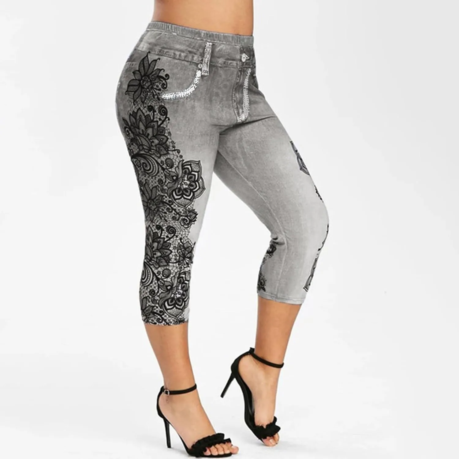 Binmer Women's Denim Capri Jeans Casual High Waisted Skinny Leggings Stretchy Pull On Waisted Casual Pants with Decor Pockets