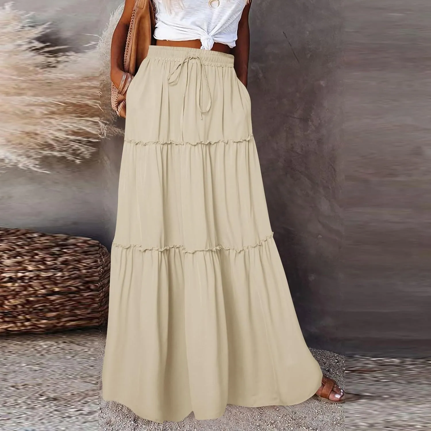 Boho Maxi Skirts for Women Casual Summer Tie Elastic High Waisted Long Skirts Flowy Ruffle Pleated Skirt with Pockets