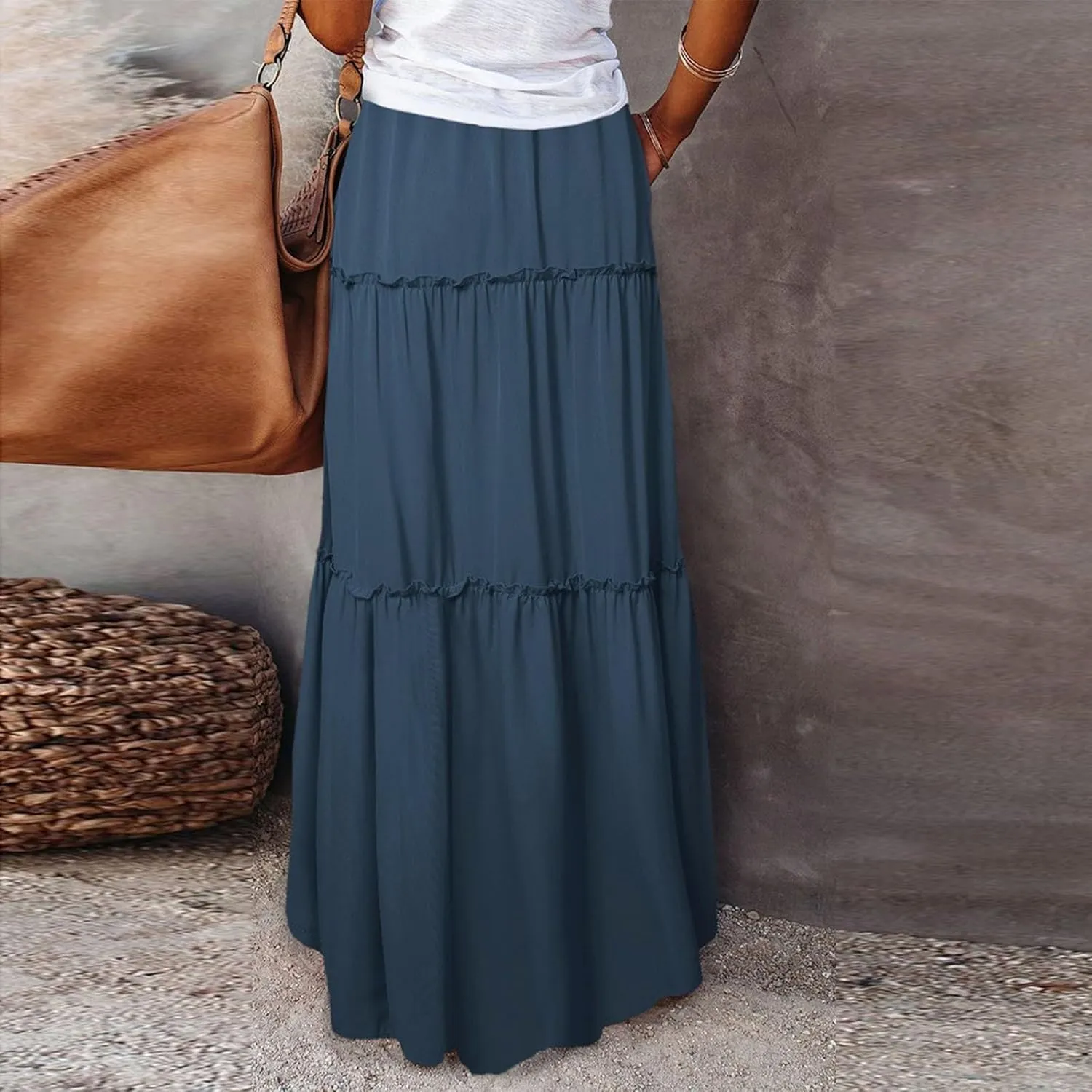 Boho Maxi Skirts for Women Casual Summer Tie Elastic High Waisted Long Skirts Flowy Ruffle Pleated Skirt with Pockets