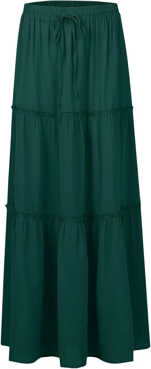 Boho Maxi Skirts for Women Casual Summer Tie Elastic High Waisted Long Skirts Flowy Ruffle Pleated Skirt with Pockets