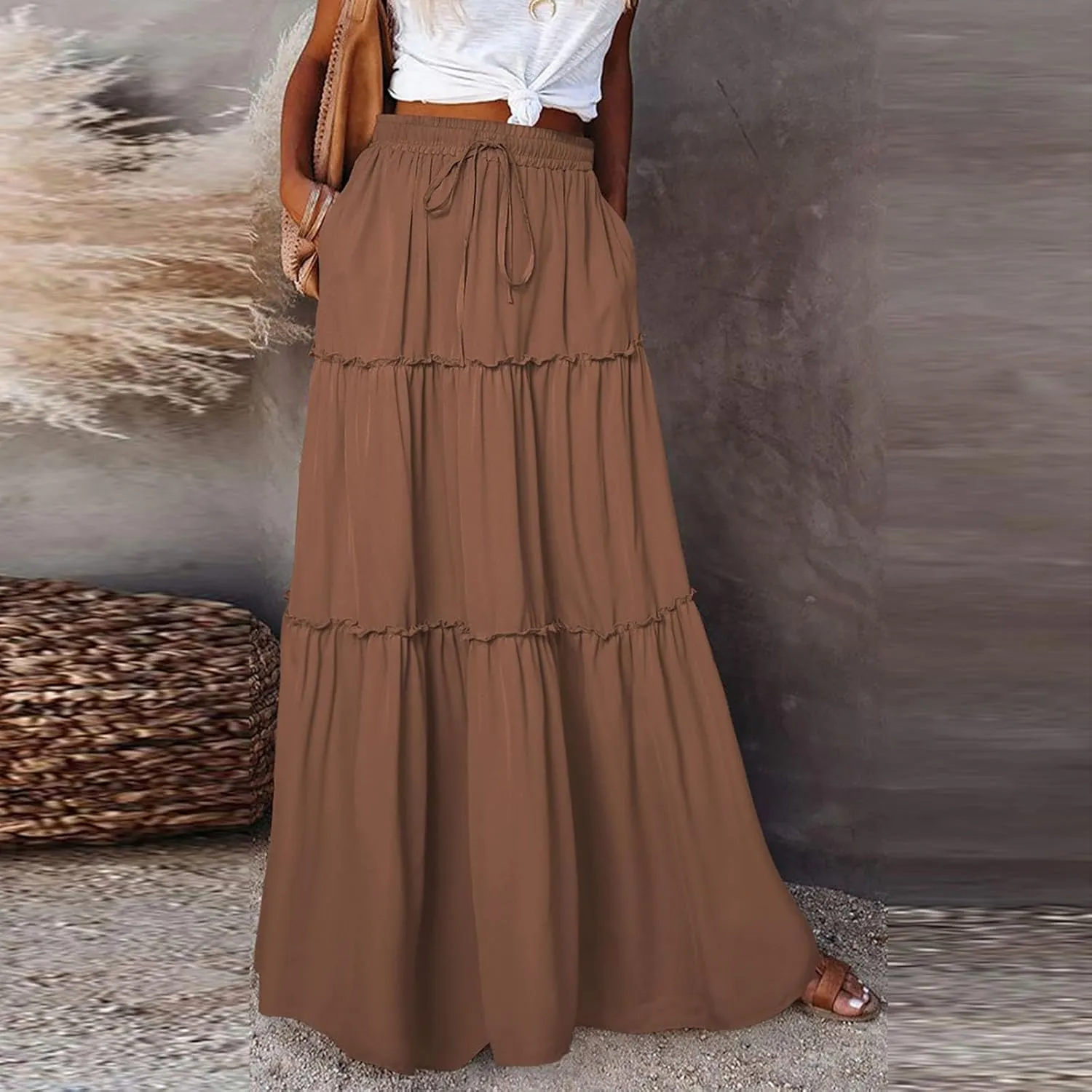 Boho Maxi Skirts for Women Casual Summer Tie Elastic High Waisted Long Skirts Flowy Ruffle Pleated Skirt with Pockets