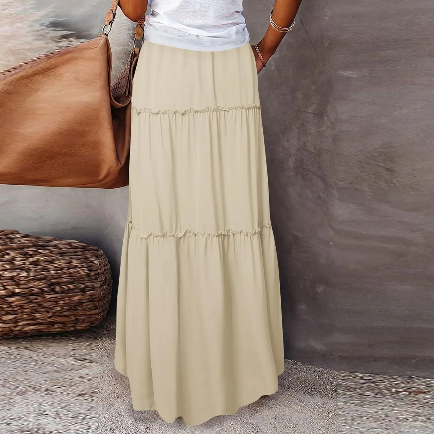 Boho Maxi Skirts for Women Casual Summer Tie Elastic High Waisted Long Skirts Flowy Ruffle Pleated Skirt with Pockets