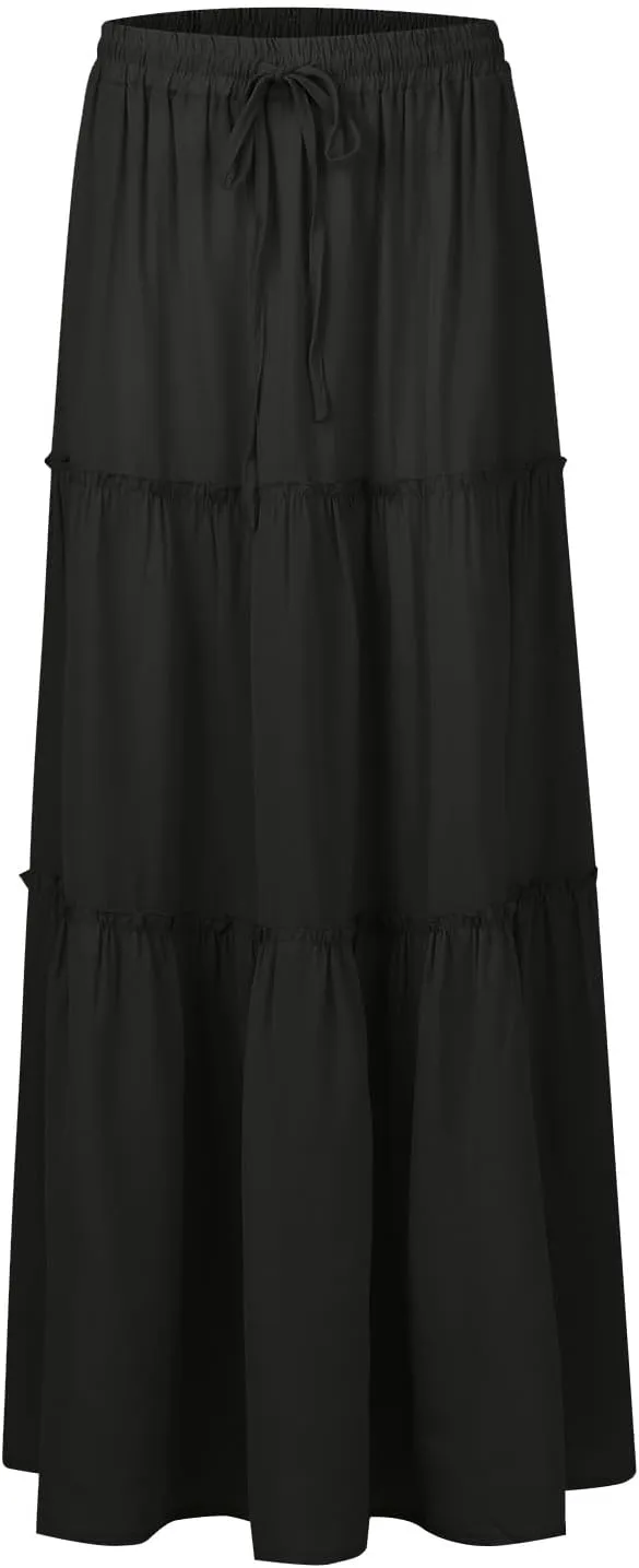 Boho Maxi Skirts for Women Casual Summer Tie Elastic High Waisted Long Skirts Flowy Ruffle Pleated Skirt with Pockets