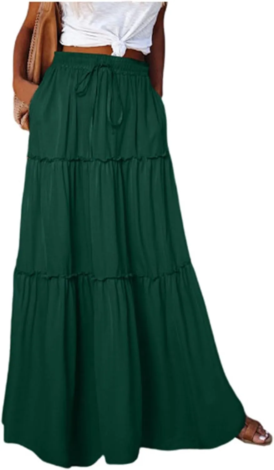 Boho Maxi Skirts for Women Casual Summer Tie Elastic High Waisted Long Skirts Flowy Ruffle Pleated Skirt with Pockets
