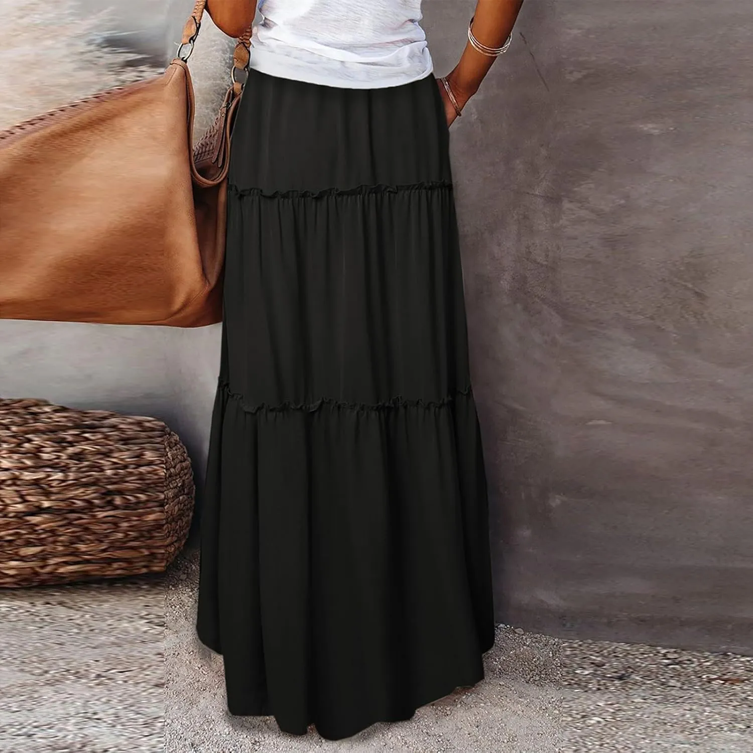 Boho Maxi Skirts for Women Casual Summer Tie Elastic High Waisted Long Skirts Flowy Ruffle Pleated Skirt with Pockets