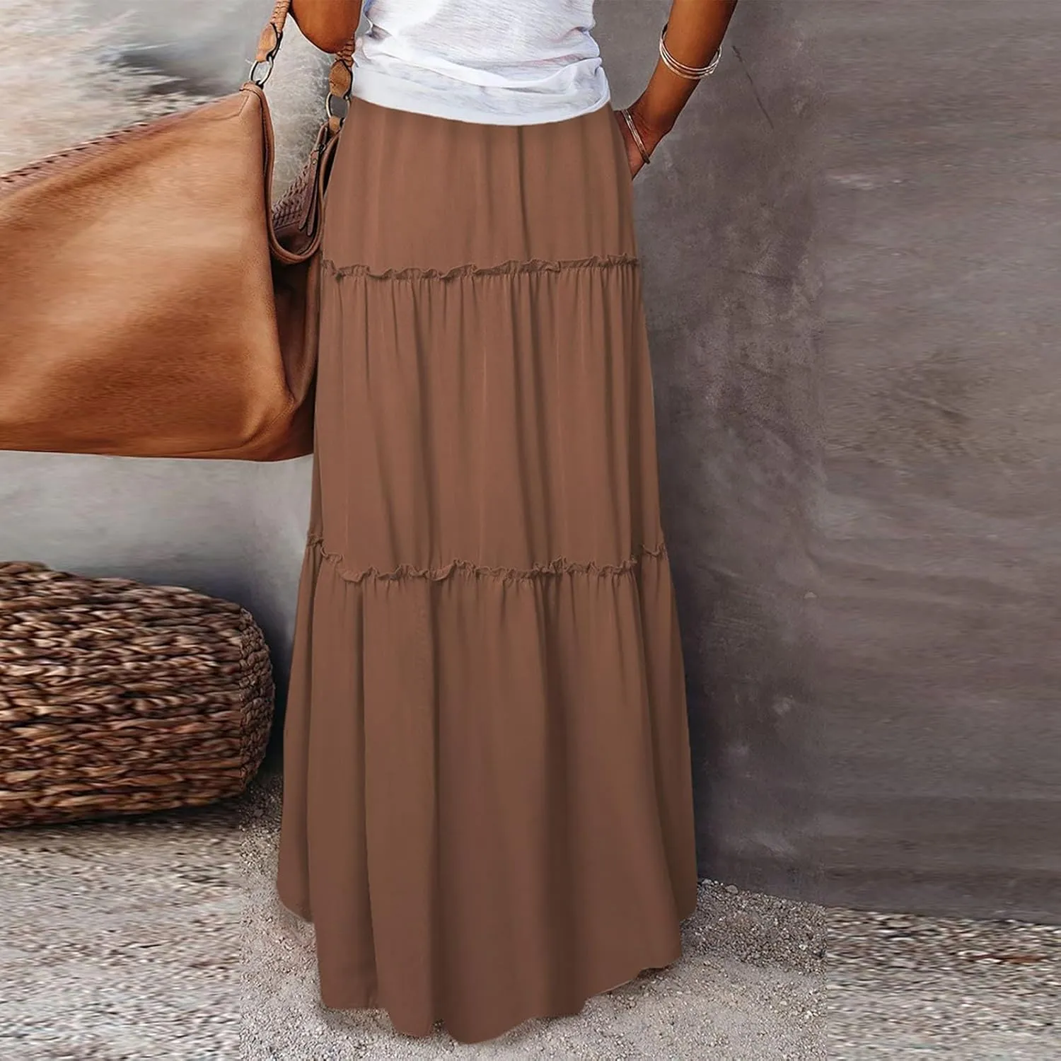 Boho Maxi Skirts for Women Casual Summer Tie Elastic High Waisted Long Skirts Flowy Ruffle Pleated Skirt with Pockets