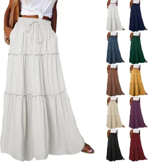 Boho Maxi Skirts for Women Casual Summer Tie Elastic High Waisted Long Skirts Flowy Ruffle Pleated Skirt with Pockets