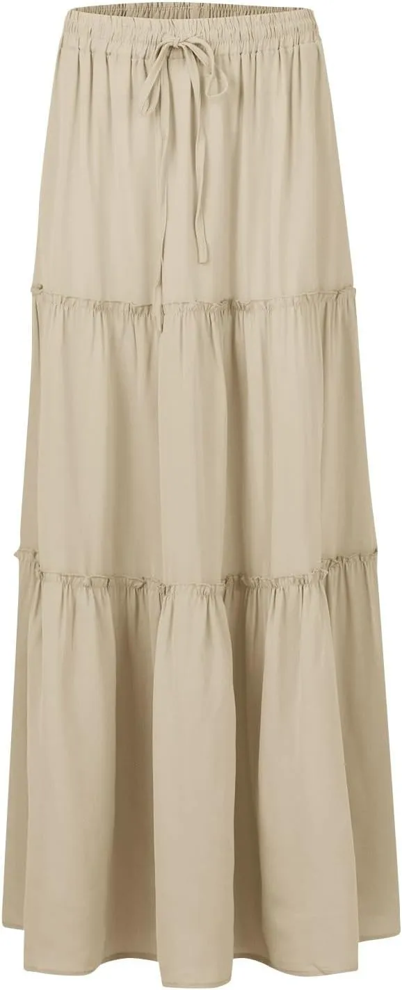 Boho Maxi Skirts for Women Casual Summer Tie Elastic High Waisted Long Skirts Flowy Ruffle Pleated Skirt with Pockets