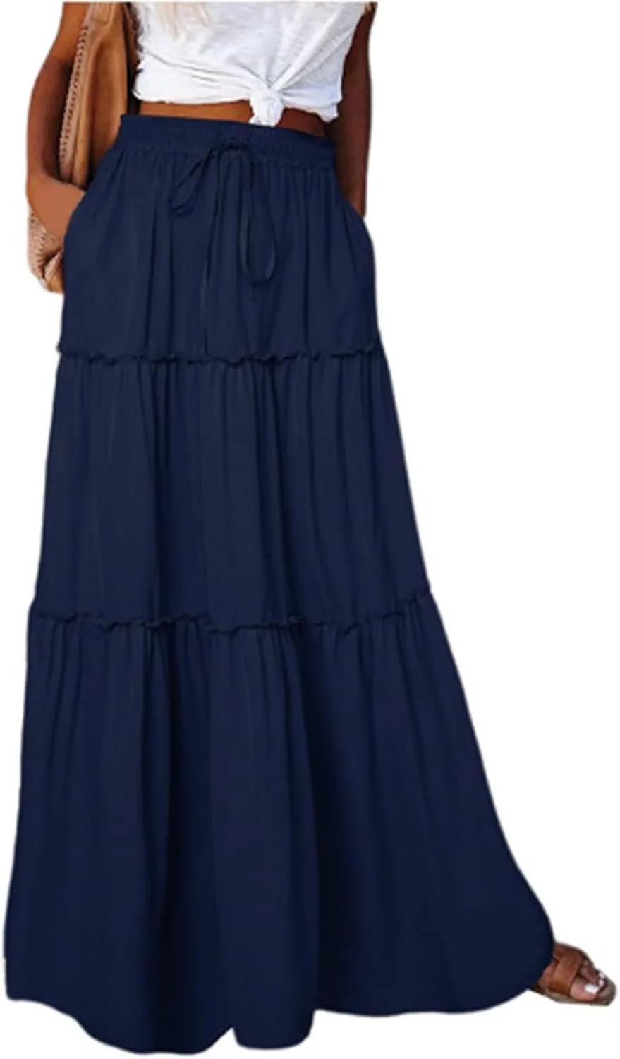 Boho Maxi Skirts for Women Casual Summer Tie Elastic High Waisted Long Skirts Flowy Ruffle Pleated Skirt with Pockets