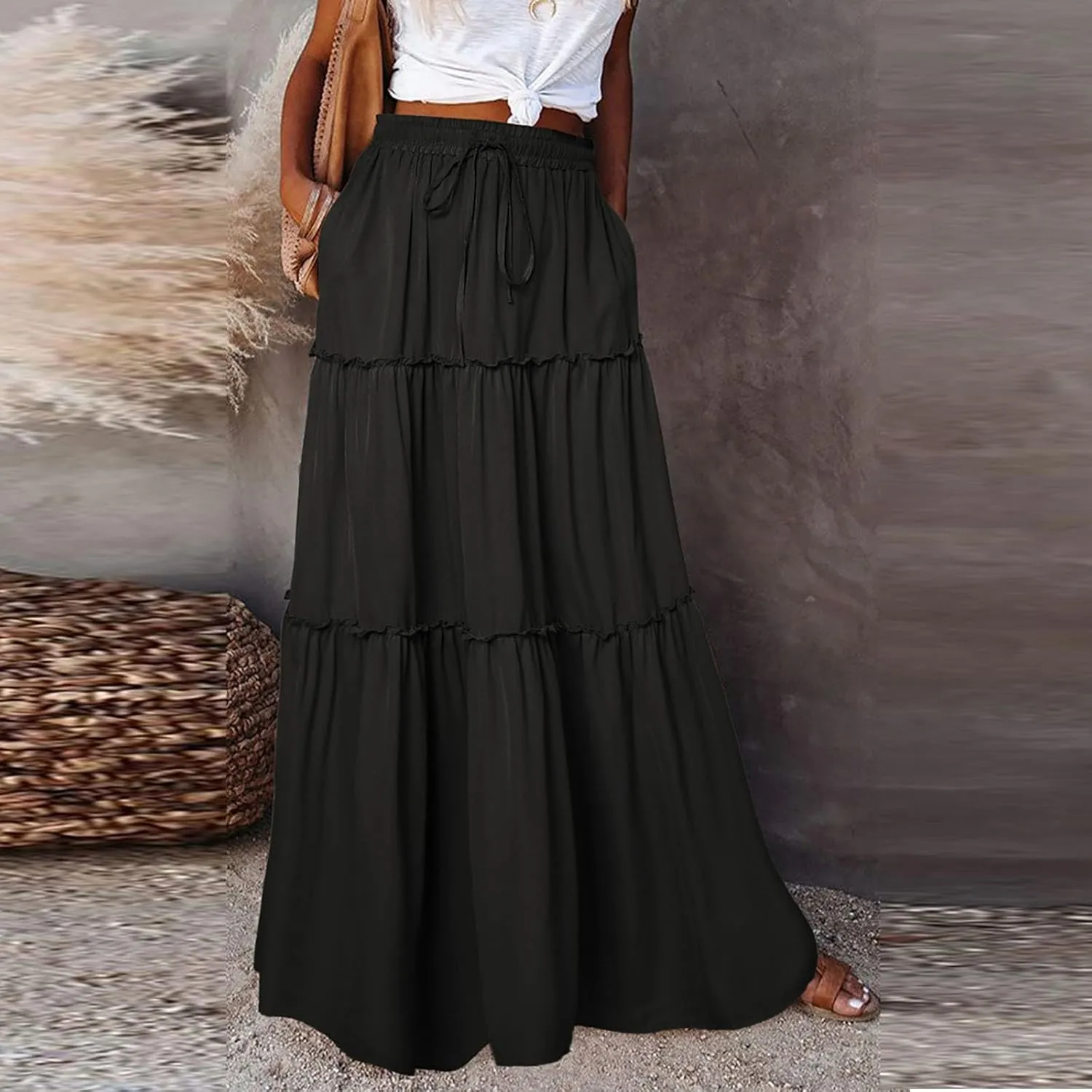 Boho Maxi Skirts for Women Casual Summer Tie Elastic High Waisted Long Skirts Flowy Ruffle Pleated Skirt with Pockets