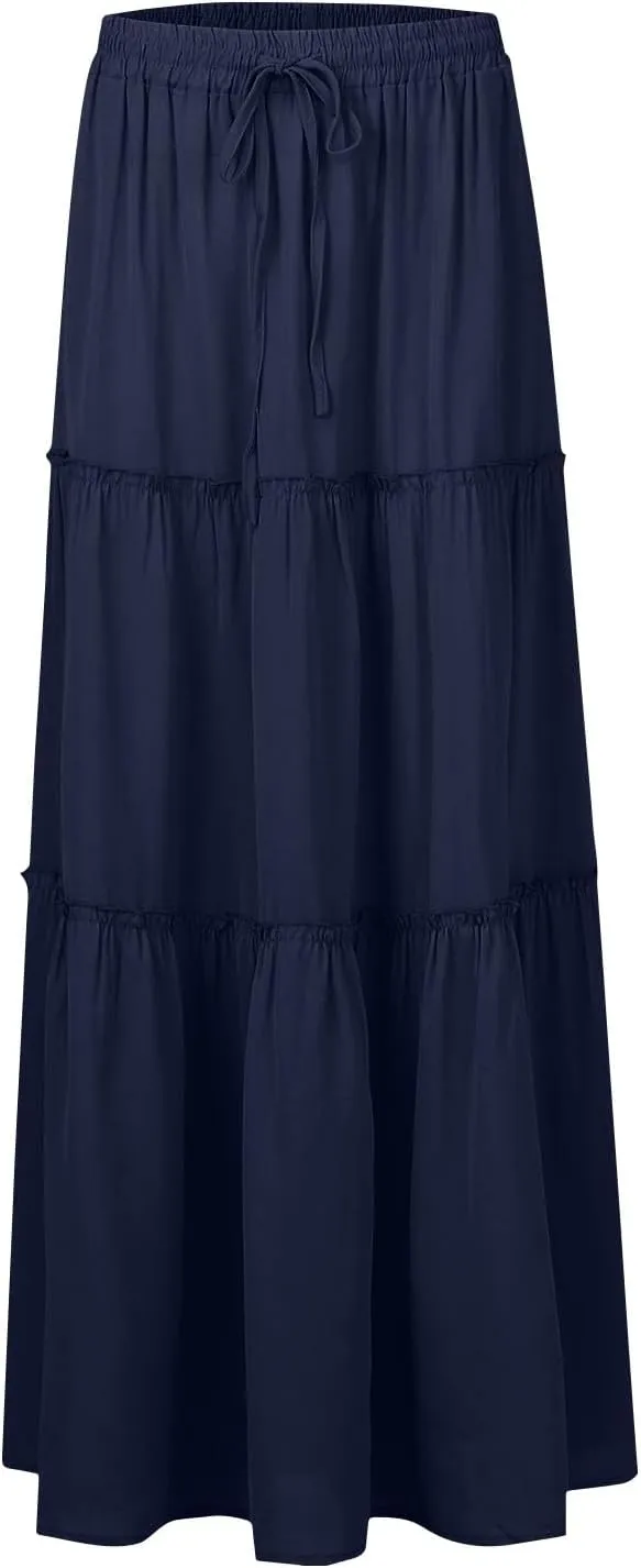 Boho Maxi Skirts for Women Casual Summer Tie Elastic High Waisted Long Skirts Flowy Ruffle Pleated Skirt with Pockets
