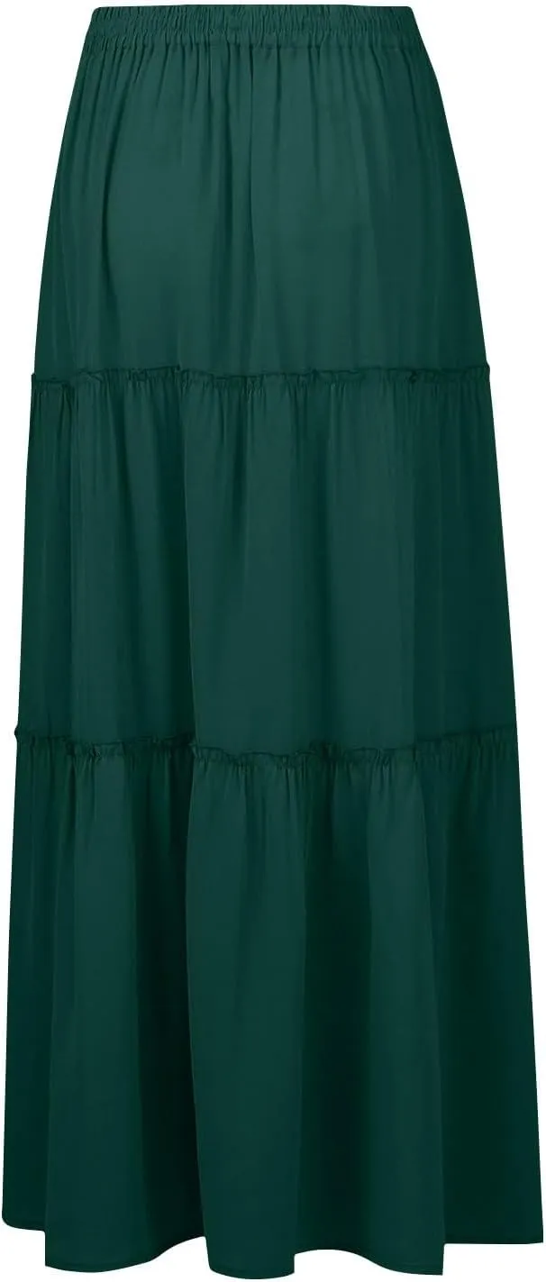 Boho Maxi Skirts for Women Casual Summer Tie Elastic High Waisted Long Skirts Flowy Ruffle Pleated Skirt with Pockets