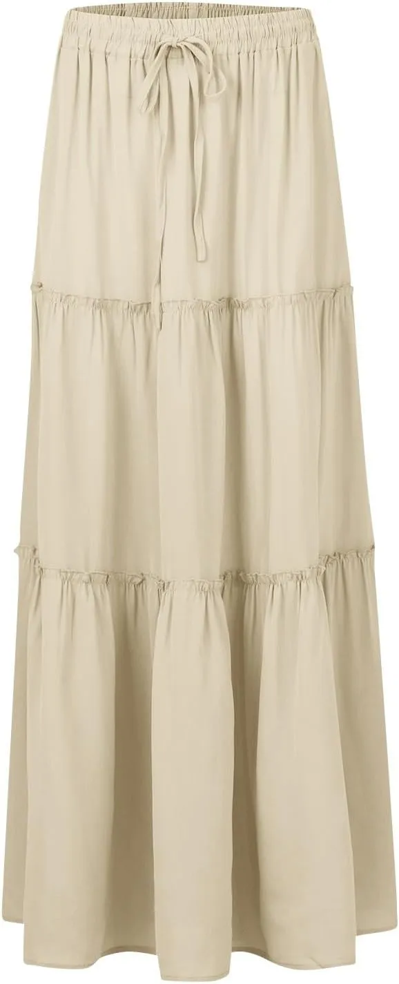 Boho Maxi Skirts for Women Casual Summer Tie Elastic High Waisted Long Skirts Flowy Ruffle Pleated Skirt with Pockets