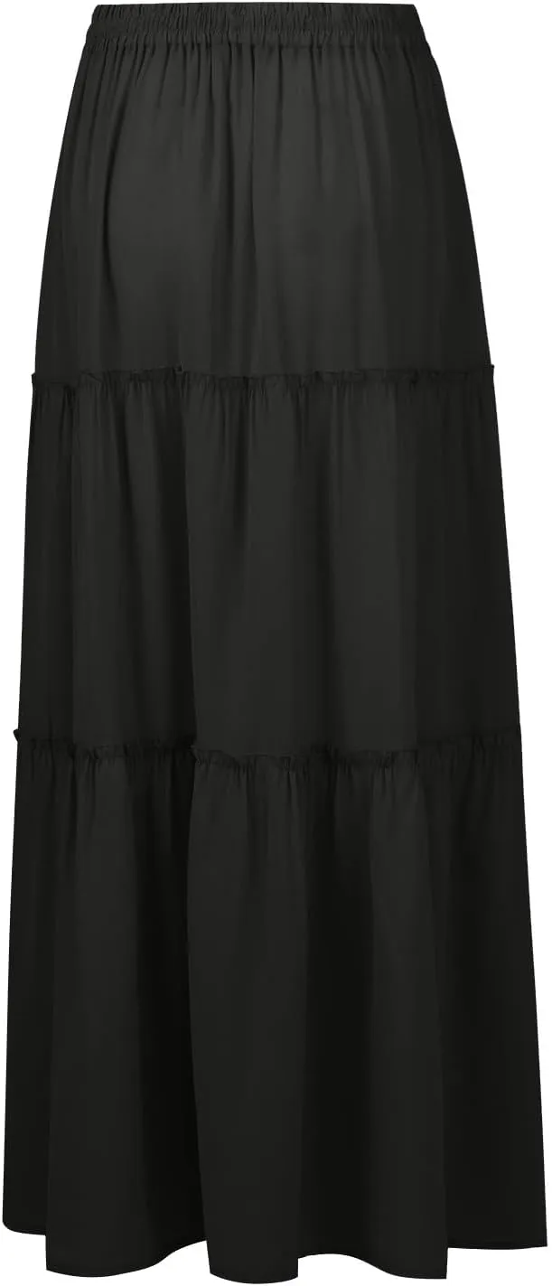 Boho Maxi Skirts for Women Casual Summer Tie Elastic High Waisted Long Skirts Flowy Ruffle Pleated Skirt with Pockets