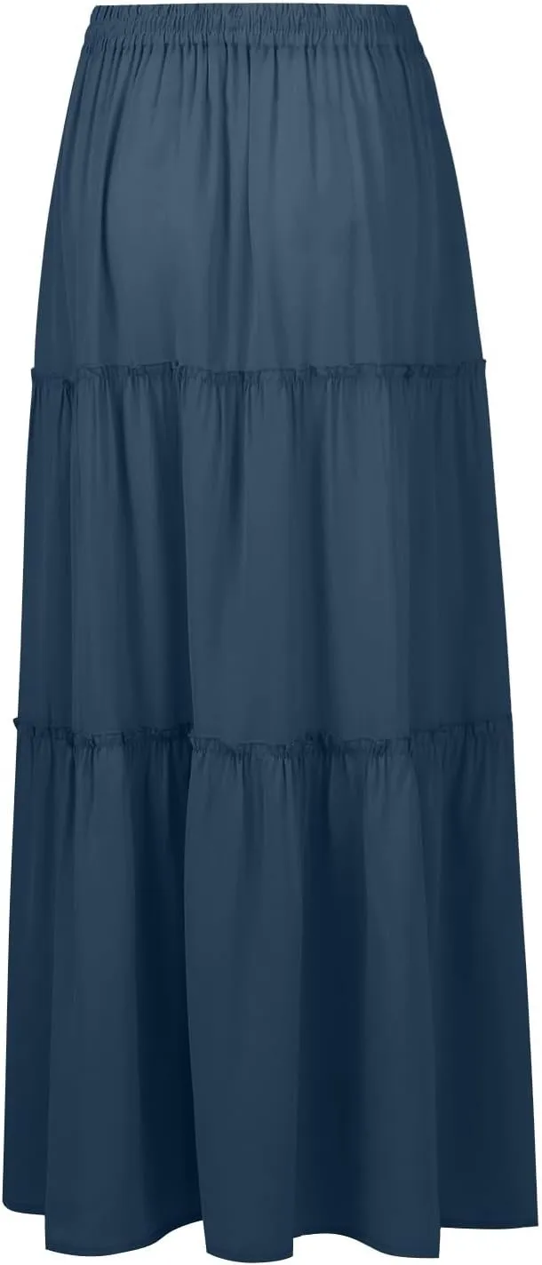 Boho Maxi Skirts for Women Casual Summer Tie Elastic High Waisted Long Skirts Flowy Ruffle Pleated Skirt with Pockets