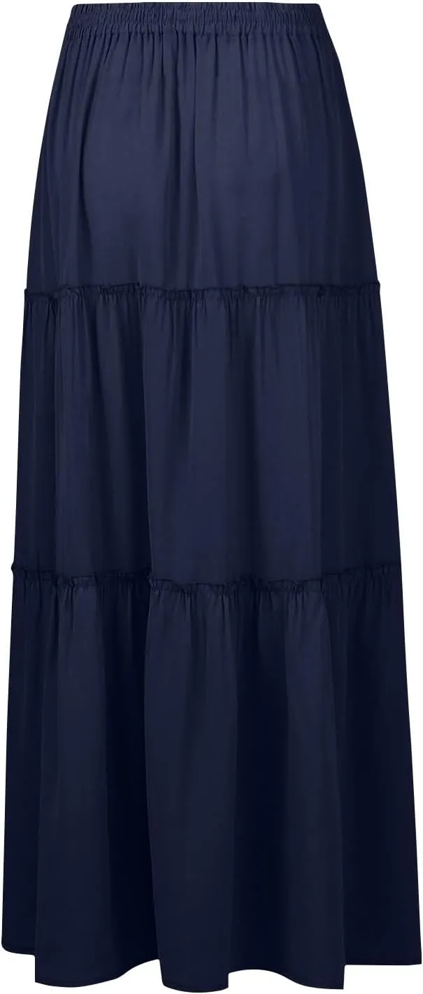 Boho Maxi Skirts for Women Casual Summer Tie Elastic High Waisted Long Skirts Flowy Ruffle Pleated Skirt with Pockets