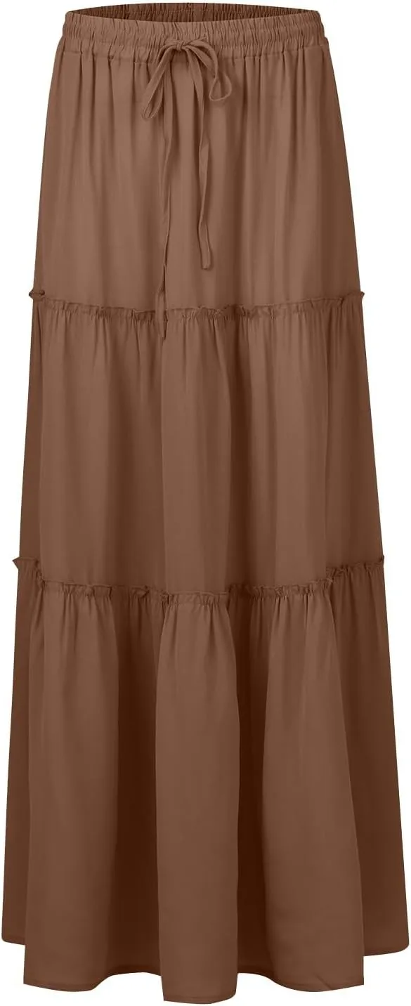 Boho Maxi Skirts for Women Casual Summer Tie Elastic High Waisted Long Skirts Flowy Ruffle Pleated Skirt with Pockets