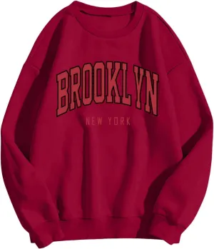 BROOKLYN Sweatshirts for Women Letter Print Fleece Crewneck Loose Fit Pullover Tops Fall Trendy Long Sleeve Tunic Blouse Fashion Fleece Y2K Trendy Oversized Tie-Dye Loose Drawstring Terry Solid Comfy