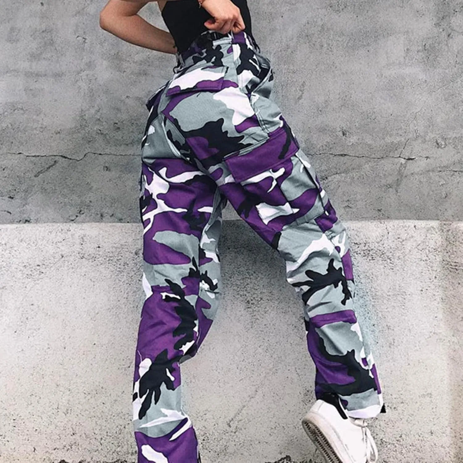 Camo Cargo Pants for Women High Waist Camouflage Jeans Pants Streetwear Pockets Retro Women Cargo Joggers Harem Pants