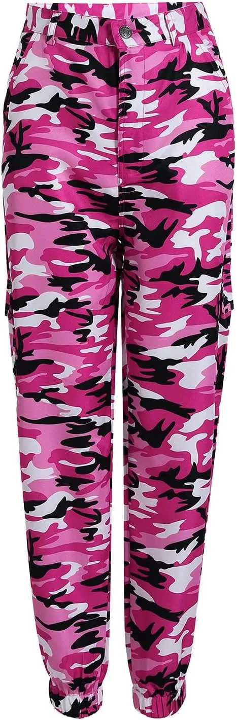 Camo Cargo Pants for Women High Waist Camouflage Jeans Pants Streetwear Pockets Retro Women Cargo Joggers Harem Pants