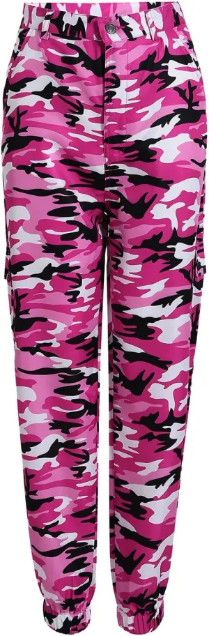 Camo Cargo Pants for Women High Waist Camouflage Jeans Pants Streetwear Pockets Retro Women Cargo Joggers Harem Pants