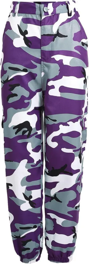 Camo Cargo Pants for Women High Waist Camouflage Jeans Pants Streetwear Pockets Retro Women Cargo Joggers Harem Pants