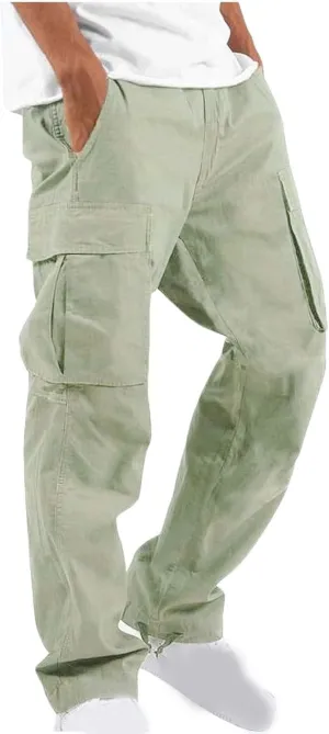 Cargo Pants for Men Baggy Straight Leg Casual Drawstring Cotton Elastic Waist Outdoor Cargo Pants Sweatpants Joggers