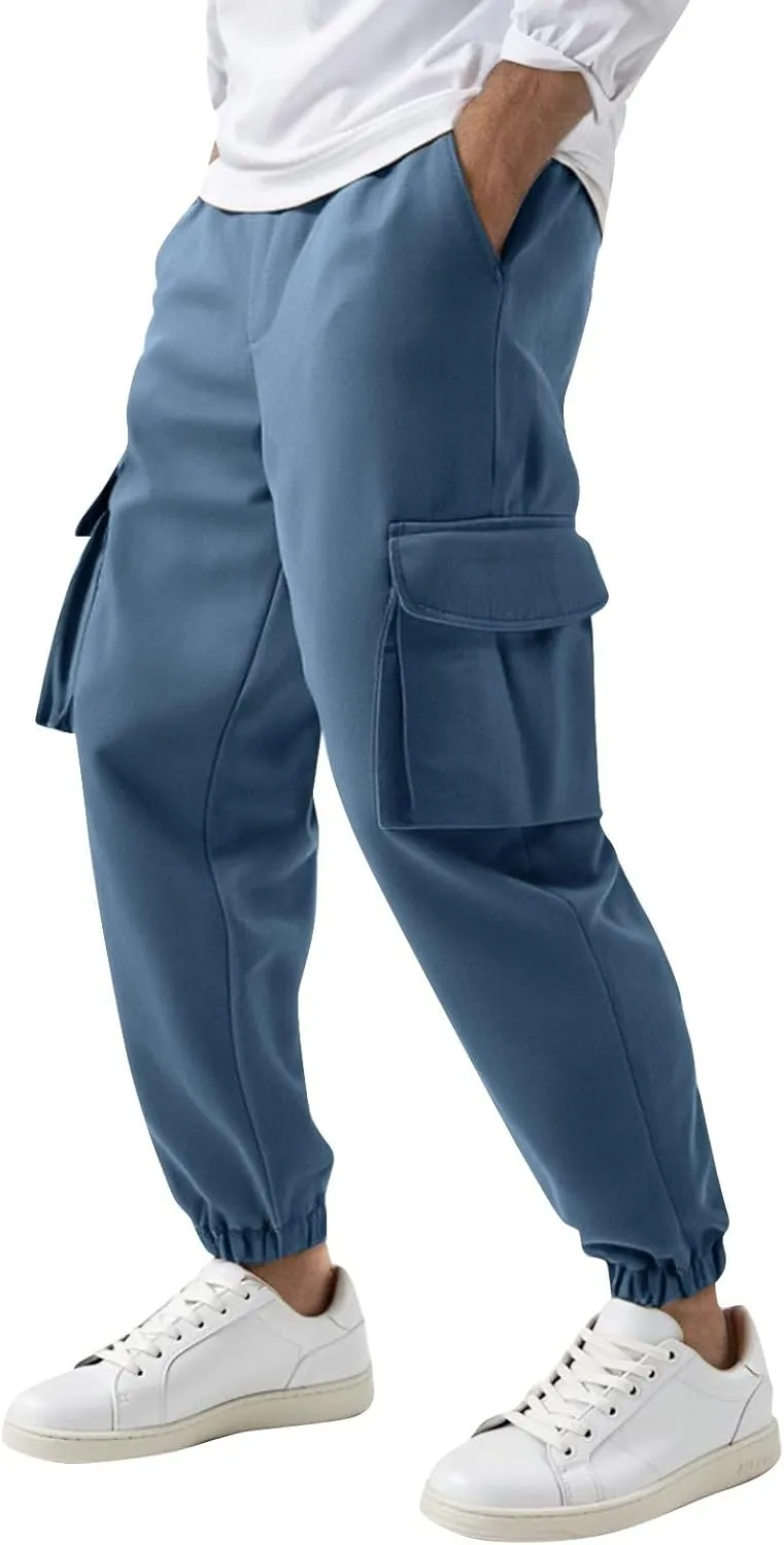Cargo Pants for Men Casual Slim Fit Drawstring Waist Cargo Pants with Multi Pockets Trendy Outdoor Pants Streetwear