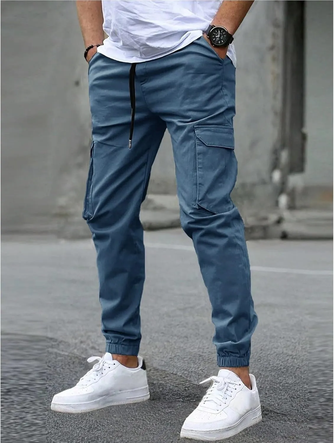 Cargo Pants for Men Casual Slim Fit Drawstring Waist Cargo Pants with Multi Pockets Trendy Outdoor Pants Streetwear