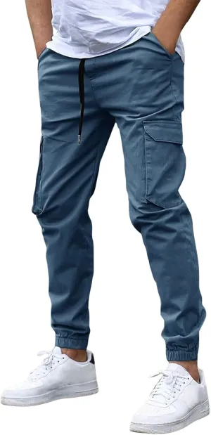 Cargo Pants for Men Casual Slim Fit Drawstring Waist Cargo Pants with Multi Pockets Trendy Outdoor Pants Streetwear