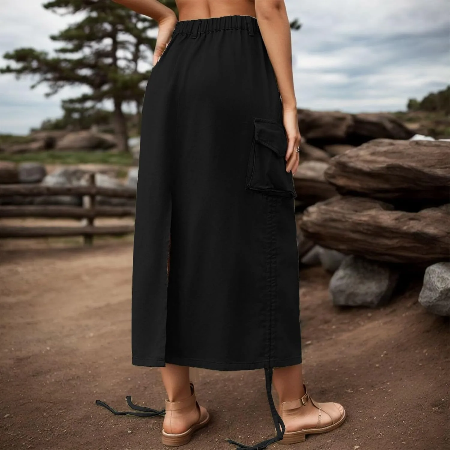 Cargo Skirts for Women High Waisted Long Skirt Adjustable Drawstring Solid Color Loose Fit Midi Denim Patchwork