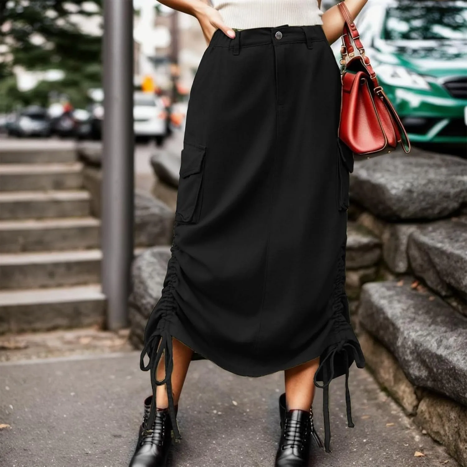 Cargo Skirts for Women High Waisted Long Skirt Adjustable Drawstring Solid Color Loose Fit Midi Denim Patchwork