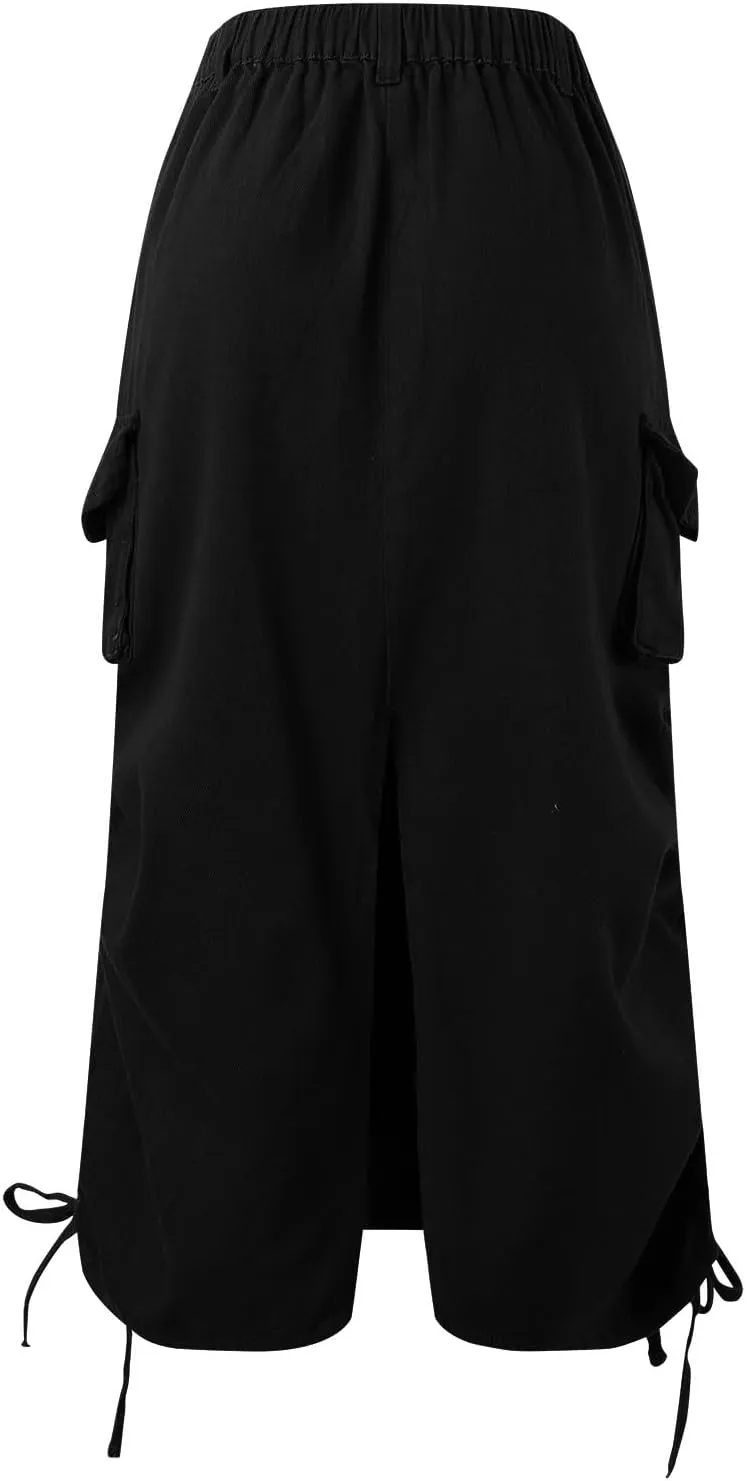 Cargo Skirts for Women High Waisted Long Skirt Adjustable Drawstring Solid Color Loose Fit Midi Denim Patchwork