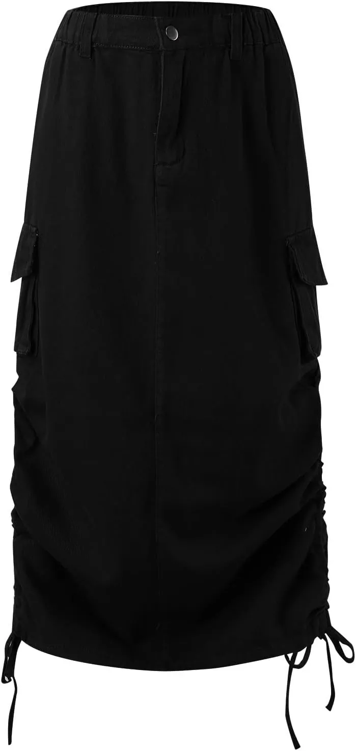 Cargo Skirts for Women High Waisted Long Skirt Adjustable Drawstring Solid Color Loose Fit Midi Denim Patchwork