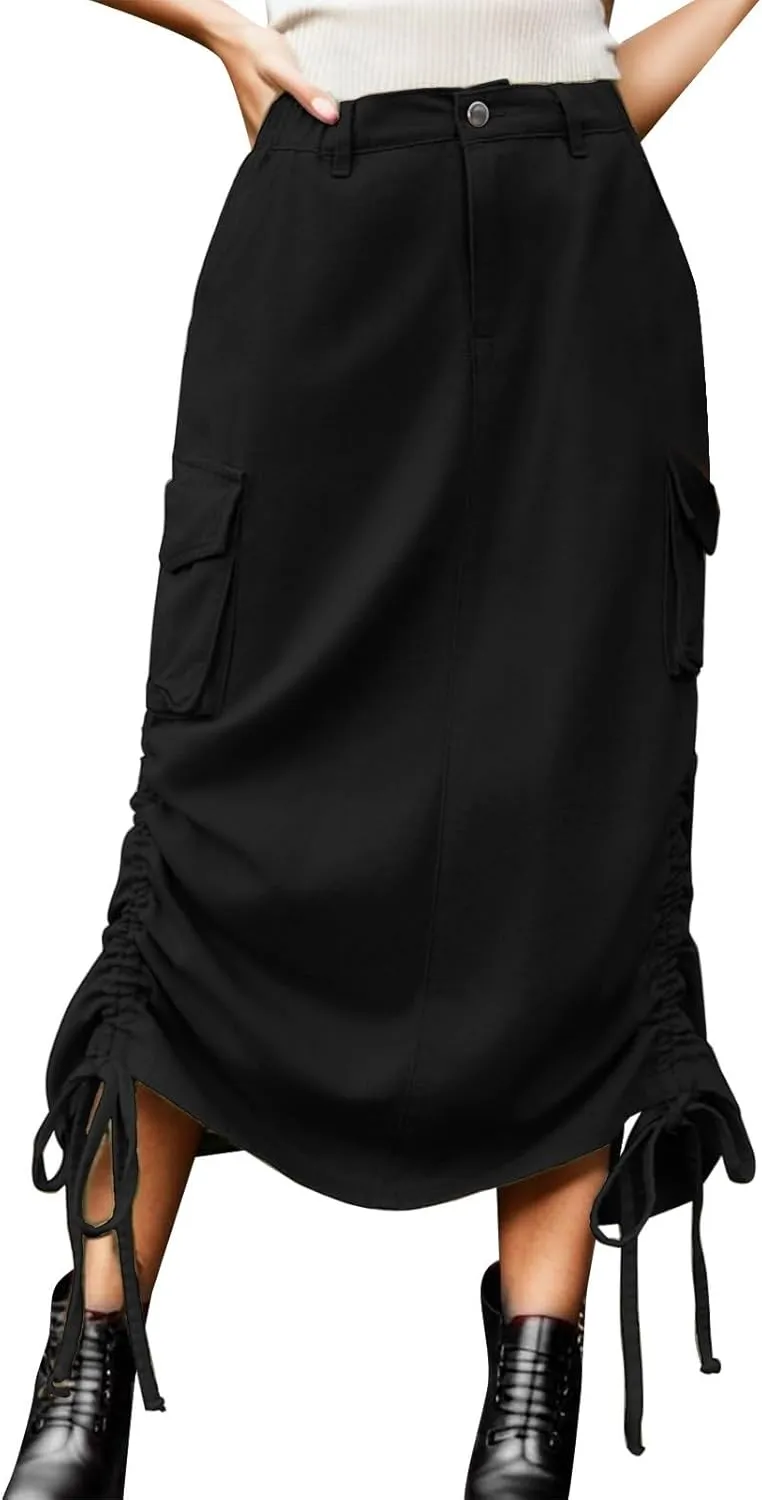Cargo Skirts for Women High Waisted Long Skirt Adjustable Drawstring Solid Color Loose Fit Midi Denim Patchwork