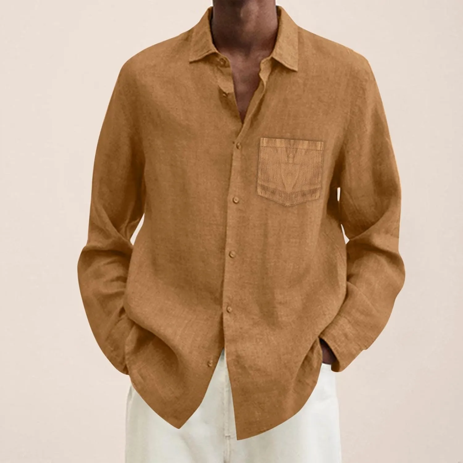 Casual Cotton Linen Shirt for Men Solid Button Down Long Sleeve Formal T Shirts Classic Regular Fit Blouse Work Tops