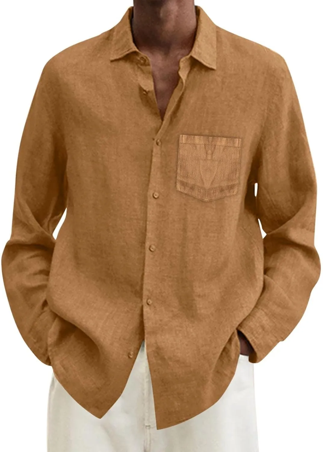 Casual Cotton Linen Shirt for Men Solid Button Down Long Sleeve Formal T Shirts Classic Regular Fit Blouse Work Tops