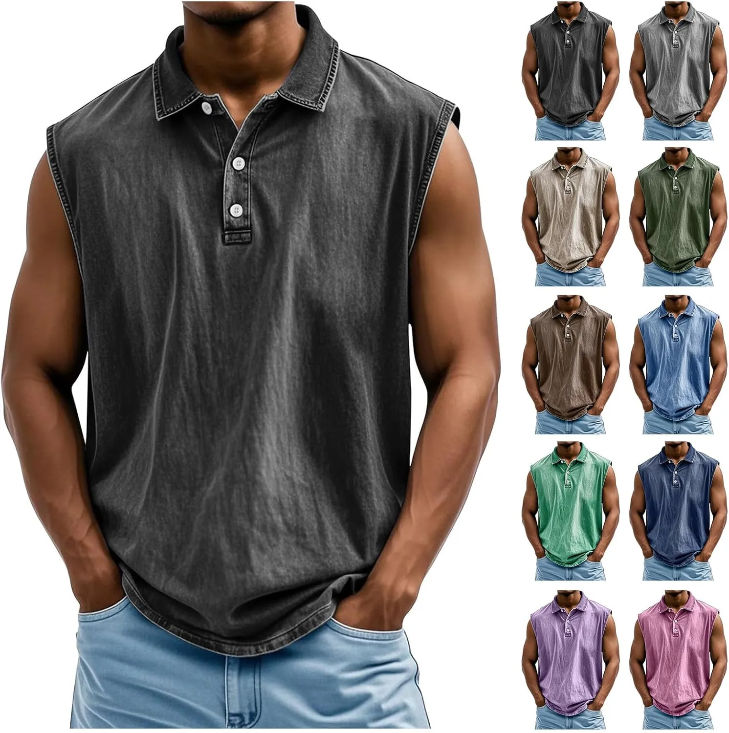 Casual Pullover Polo Shirts for Men Classic Washed Distressed Sleeveless Tops Summer Loose Fit Vintage Stylish Shirts