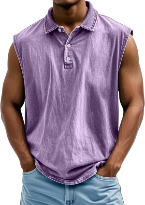 Casual Pullover Polo Shirts for Men Classic Washed Distressed Sleeveless Tops Summer Loose Fit Vintage Stylish Shirts