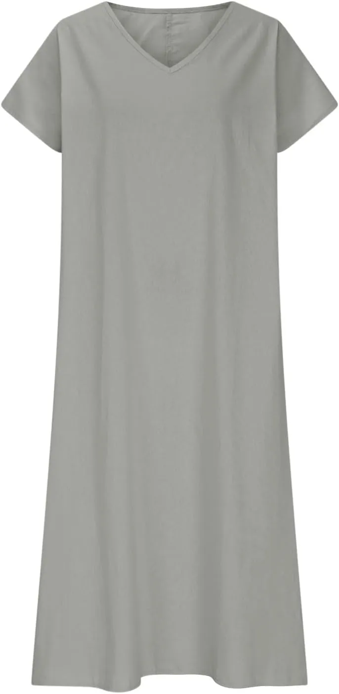Casual Summer Dresses for Women Linen V Neck Maxi Dress Casual Short Sleeve Dresses Flowy Beach Vacation Sundress