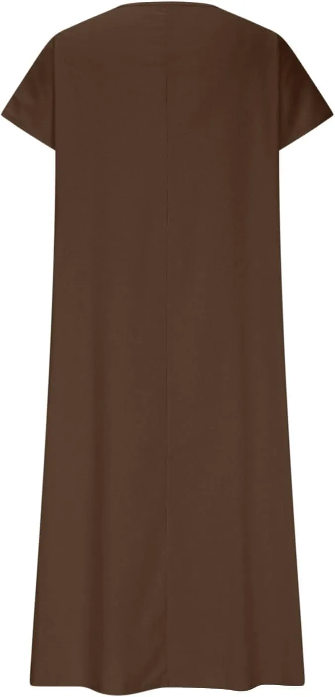 Casual Summer Dresses for Women Linen V Neck Maxi Dress Casual Short Sleeve Dresses Flowy Beach Vacation Sundress