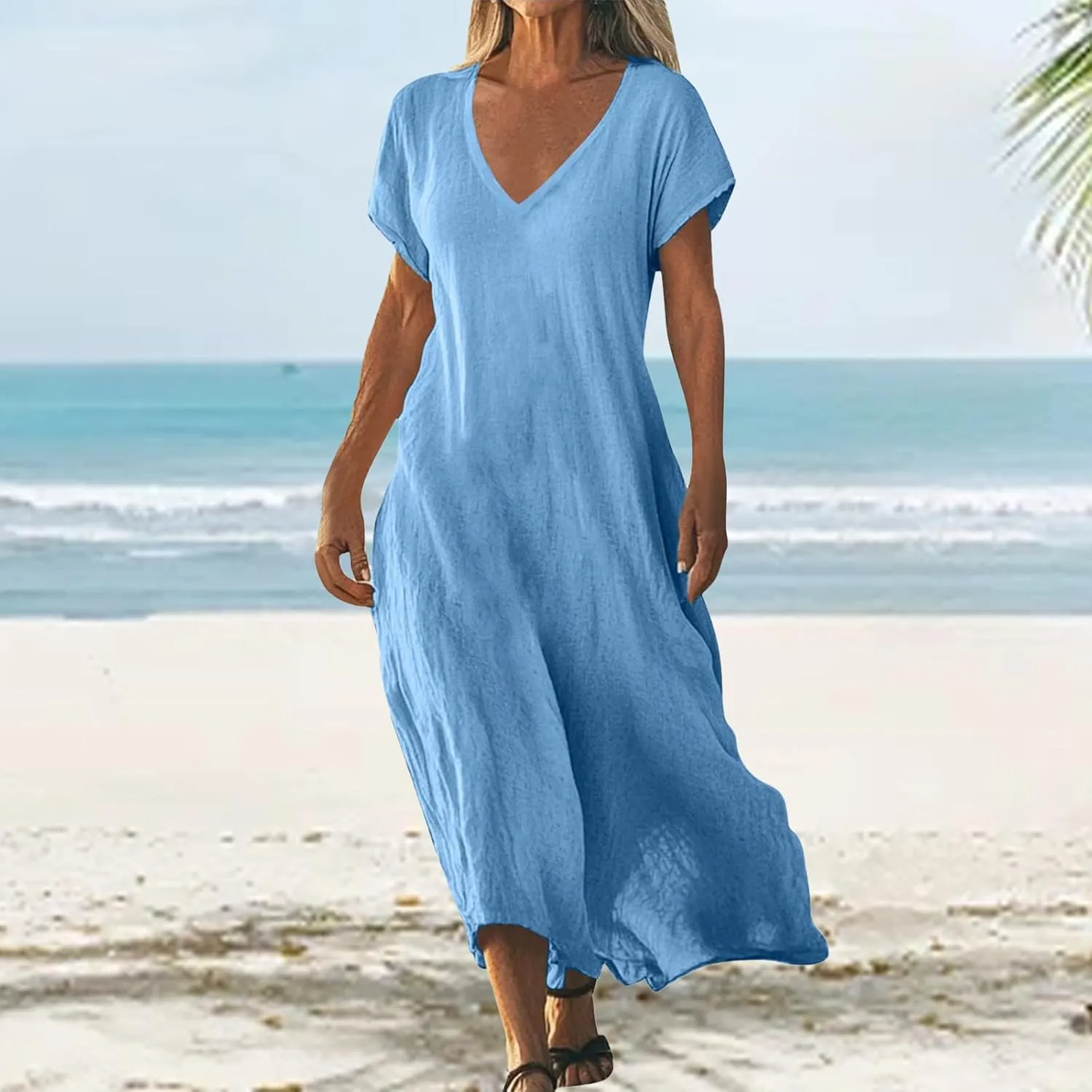 Casual Summer Dresses for Women Linen V Neck Maxi Dress Casual Short Sleeve Dresses Flowy Beach Vacation Sundress