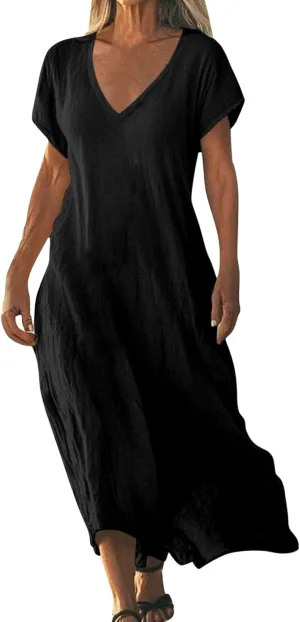 Casual Summer Dresses for Women Linen V Neck Maxi Dress Casual Short Sleeve Dresses Flowy Beach Vacation Sundress