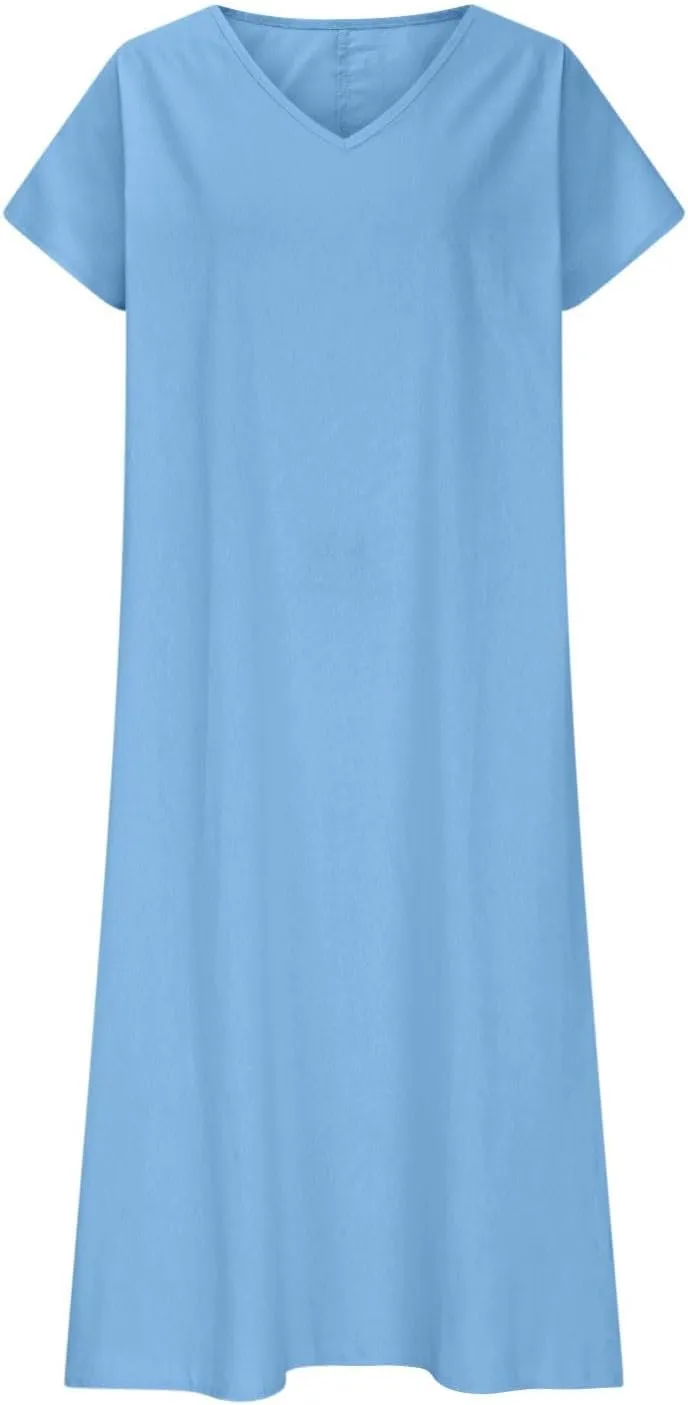 Casual Summer Dresses for Women Linen V Neck Maxi Dress Casual Short Sleeve Dresses Flowy Beach Vacation Sundress