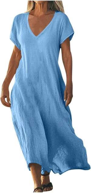 Casual Summer Dresses for Women Linen V Neck Maxi Dress Casual Short Sleeve Dresses Flowy Beach Vacation Sundress