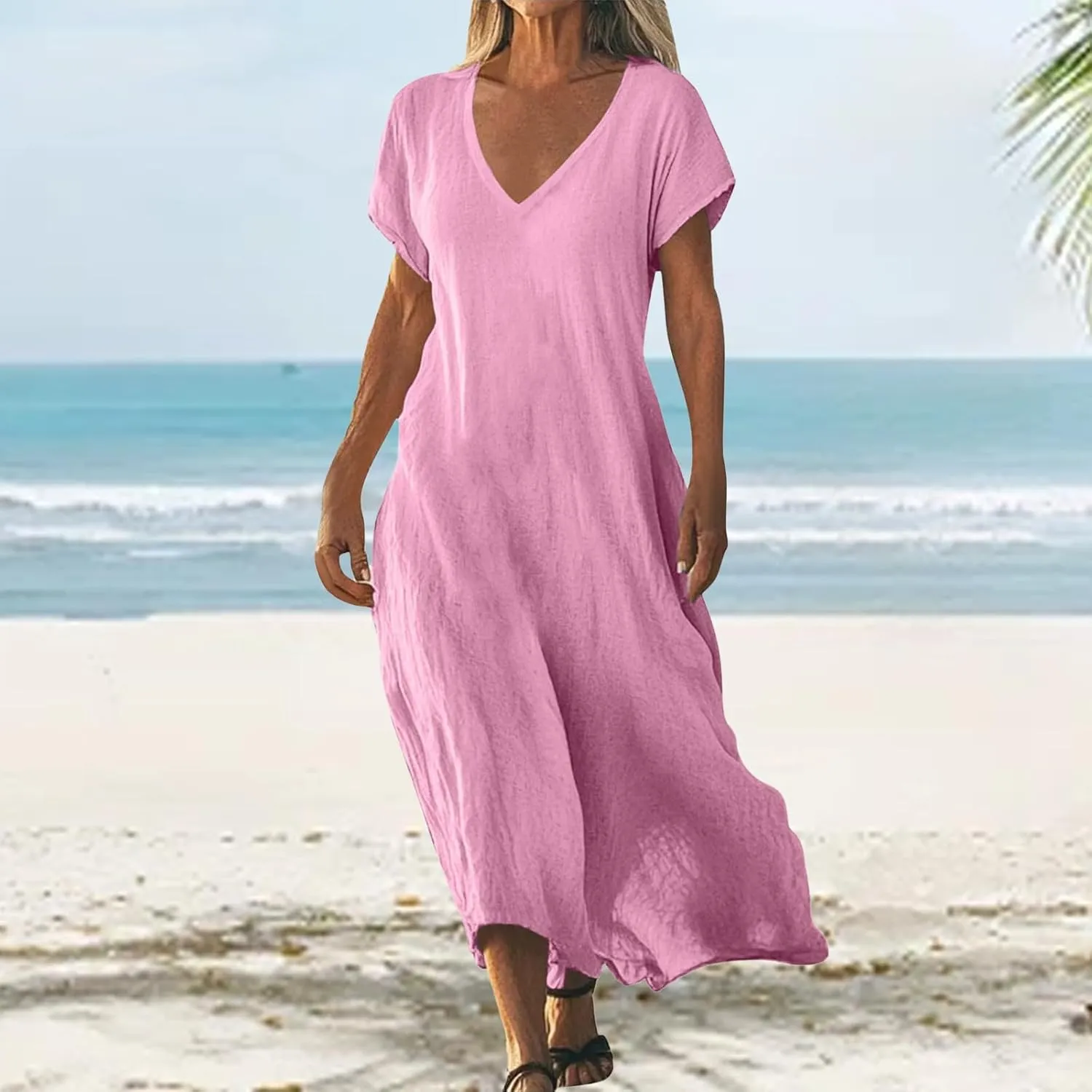 Casual Summer Dresses for Women Linen V Neck Maxi Dress Casual Short Sleeve Dresses Flowy Beach Vacation Sundress