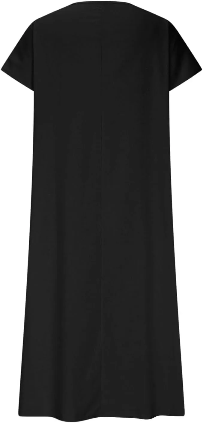 Casual Summer Dresses for Women Linen V Neck Maxi Dress Casual Short Sleeve Dresses Flowy Beach Vacation Sundress