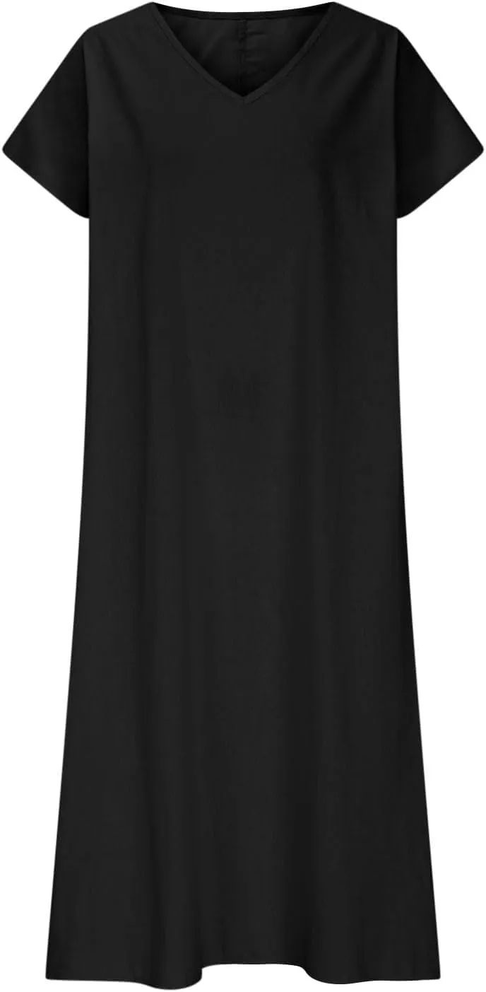 Casual Summer Dresses for Women Linen V Neck Maxi Dress Casual Short Sleeve Dresses Flowy Beach Vacation Sundress
