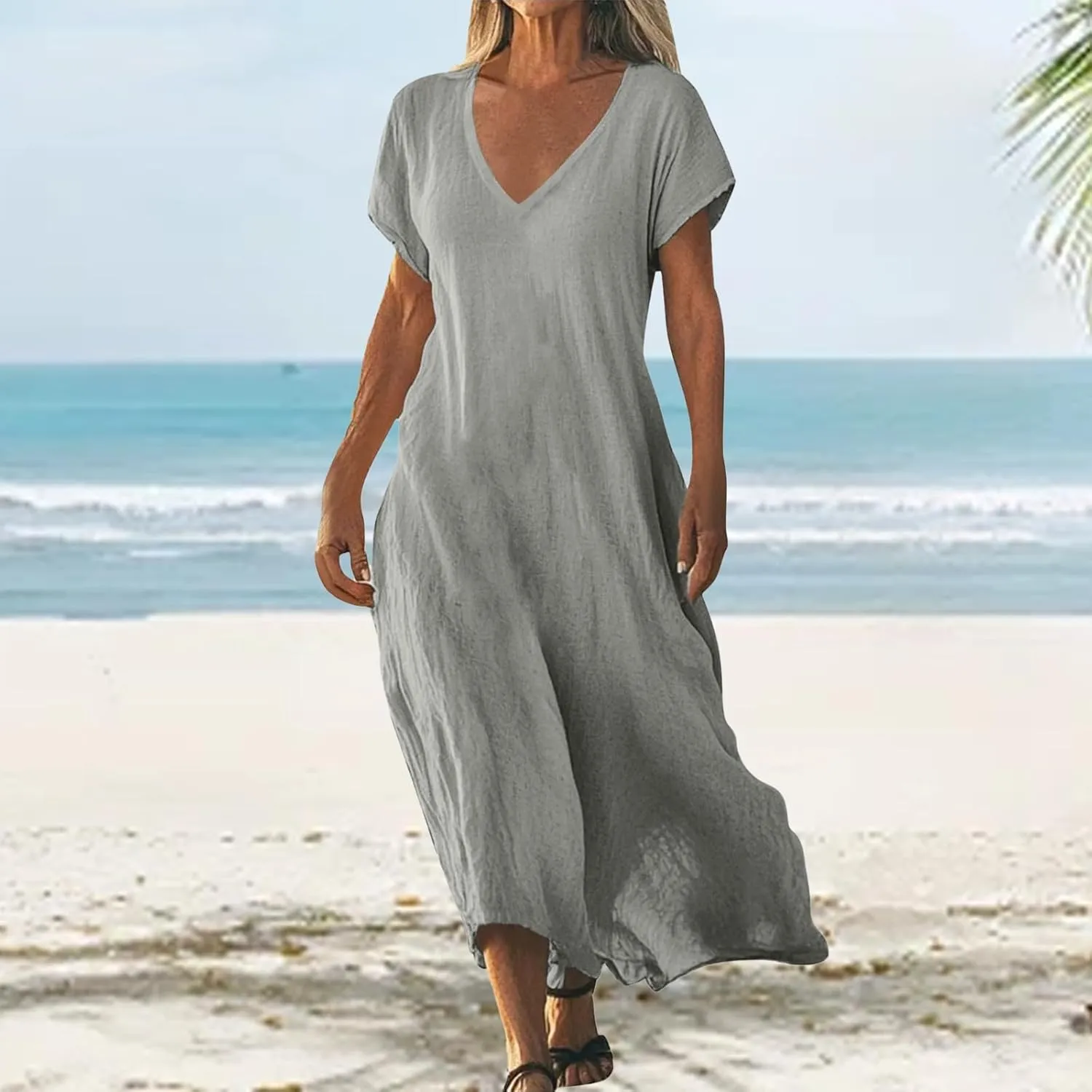 Casual Summer Dresses for Women Linen V Neck Maxi Dress Casual Short Sleeve Dresses Flowy Beach Vacation Sundress