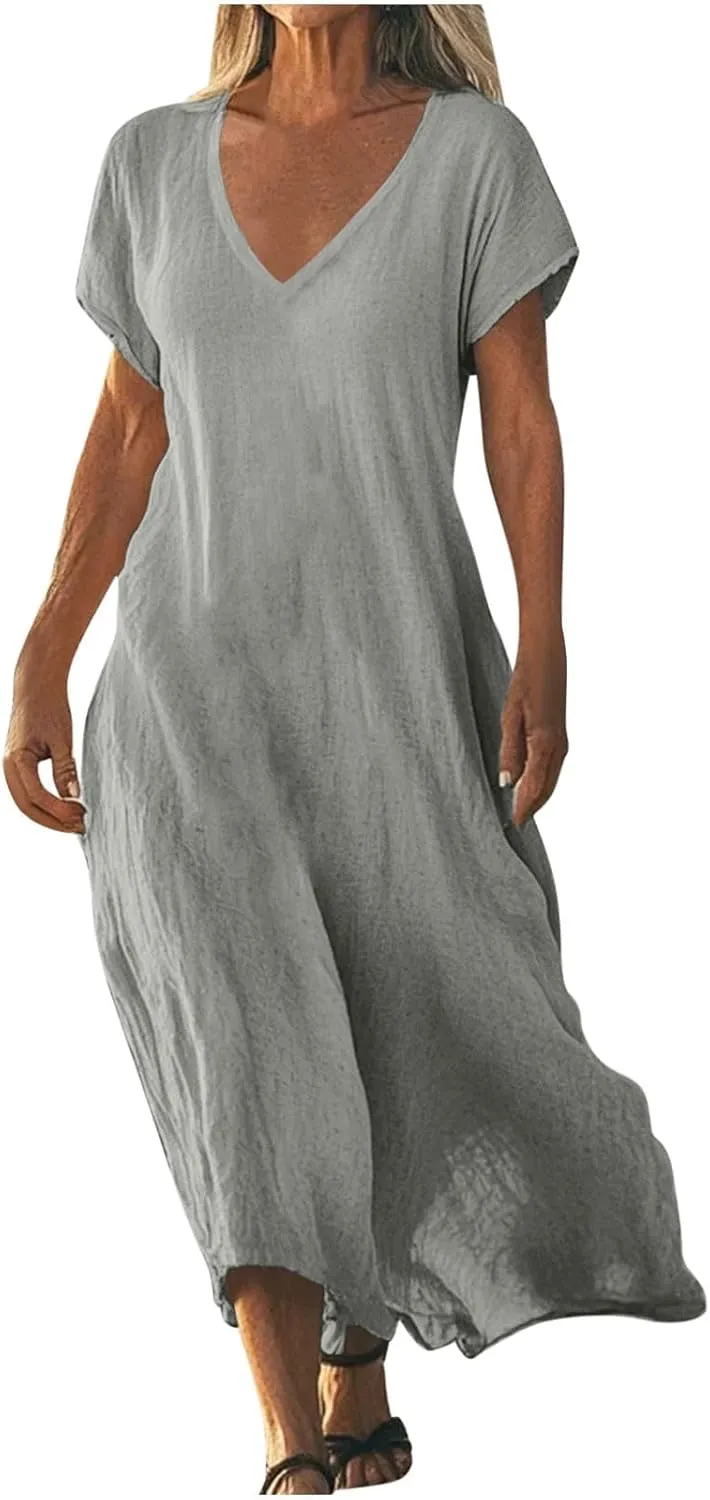 Casual Summer Dresses for Women Linen V Neck Maxi Dress Casual Short Sleeve Dresses Flowy Beach Vacation Sundress